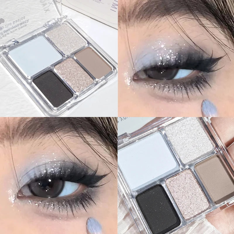 Korean five-color eyeshadow & blush palette, pearlescent matte bright ground color, smoky black & white, cement grey, portable