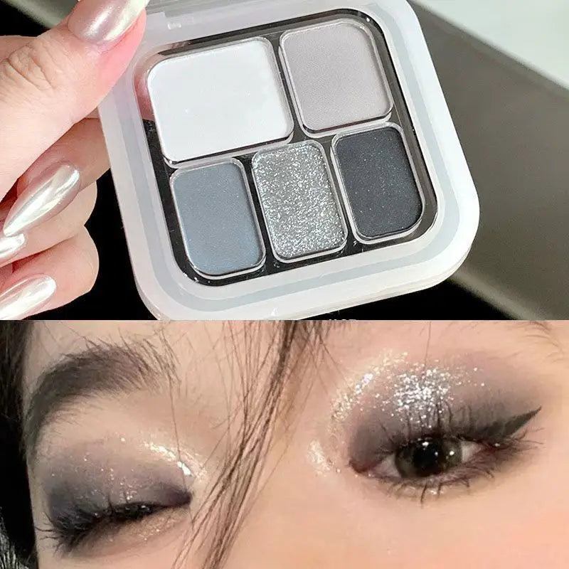 Korean five-color eyeshadow & blush palette, pearlescent matte bright ground color, smoky black & white, cement grey, portable