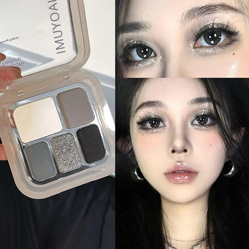 Korean five-color eyeshadow & blush palette, pearlescent matte bright ground color, smoky black & white, cement grey, portable