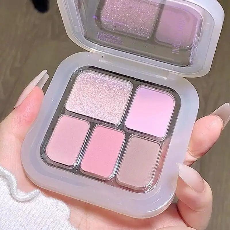 Korean five-color eyeshadow & blush palette, pearlescent matte bright ground color, smoky black & white, cement grey, portable